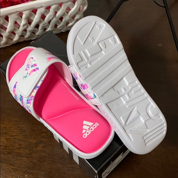 adidas Shoes | Adidas Slides Pink And White Floral Size 5 Kids | Poshmark